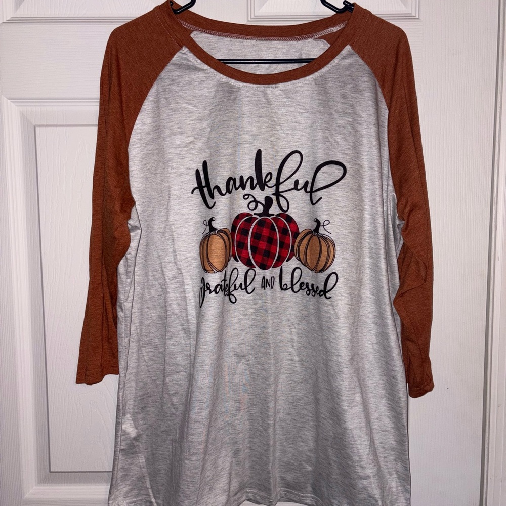 Women's Long Sleeve Thankful Grateful and Blessed Tee - Gray and Brown
